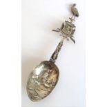 A Dutch silver armorial spoon; the finial as a stork, the bowl with Dutch marks probably for