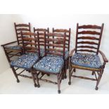 A set of six (4+2) early 19th century-style (later) oak Lancashire ladderback chairs on turned