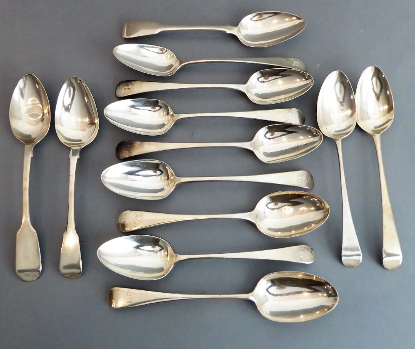 A selection of 18th and 19th century hallmarked silver Fiddle and Old English pattern serving/