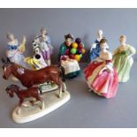 Eight hand-decorated porcelain figures to include  Royal Doulton's 'Old Balloon Seller' H.N 1315, '