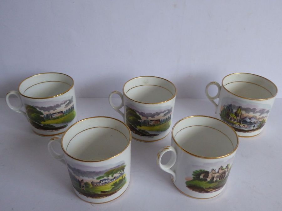 Five early 19th century English porcelain coffee cans. Each with two individual transfer-decorated - Image 2 of 11