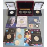 A good selection of Royal Mint boxed and mounted proof and commemorative coins: a boxed Queen's 80th