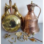 Metalware to include a large Eastern hand-hammered bell-shaped copper pit and hinged cover, a 19th