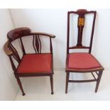An Edwardian period mahogany and chequer-strung corner chair raised on turned tapering legs,