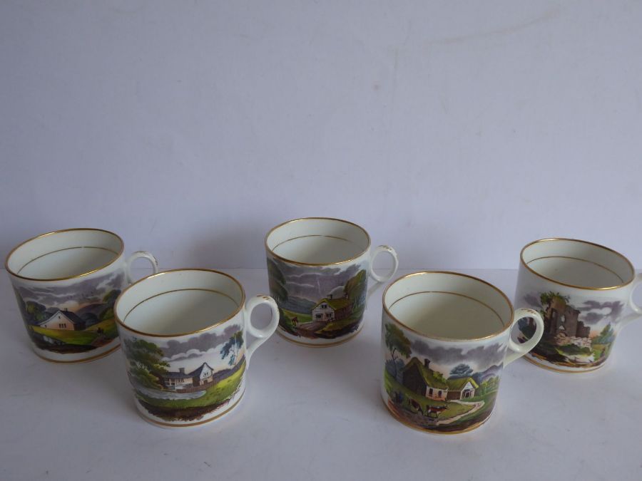 Five early 19th century English porcelain coffee cans. Each with two individual transfer-decorated