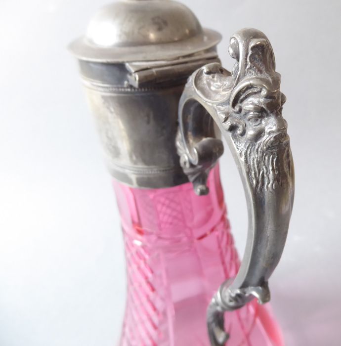 A Victorian cut-glass cranberry claret jug with silver-plated mounts - Image 5 of 8