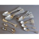A variety of hallmarked silver flatware, mostly in the fiddle pattern: a set of five mid-19th