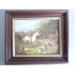 J BROWSE(?) - a good oil on panel hunting scene (modern), riders and hounds over wooden fences,