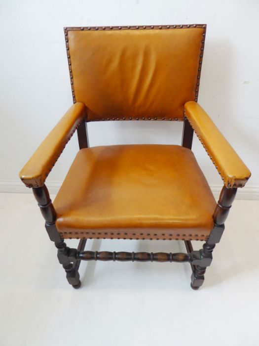 A good harlequin matched set of eight tan-leather-upholstered solid oak open armchairs;  late 19th / - Image 3 of 6