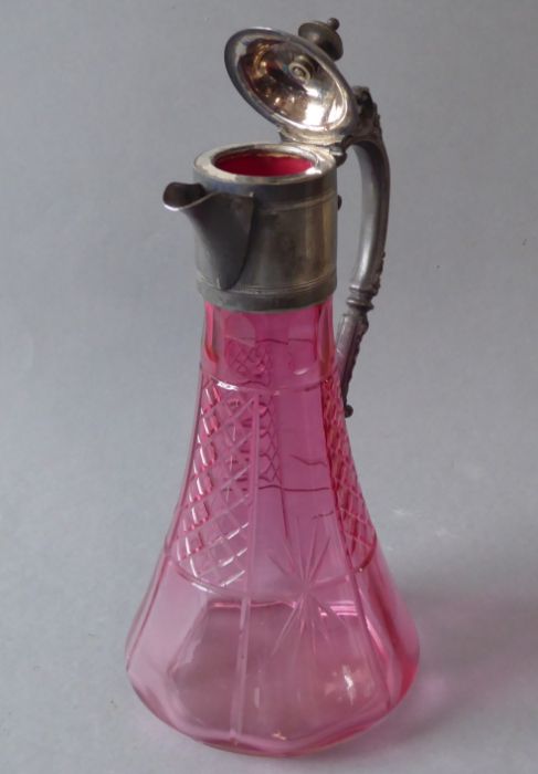 A Victorian cut-glass cranberry claret jug with silver-plated mounts - Image 7 of 8