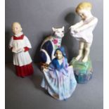 Three Royal Doulton figures and another by Royal Worcester. The Royal Doulton comprising 'Here a