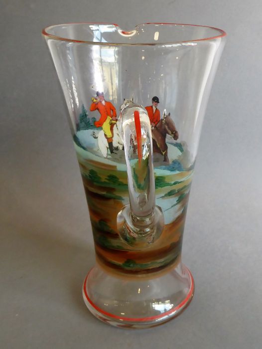 A handmade mid-20th century conical glass jug, hand-decorated with a fox hunting scene (26cm high) - Image 3 of 7