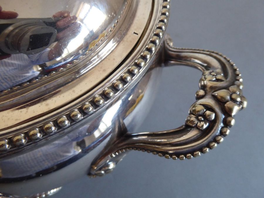 A fine and large 19th century two-handled silver plated tureen engraved with armorial crest, - Image 8 of 11