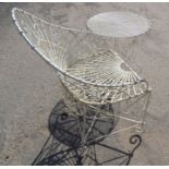 A garden chair and a small circular table; both of white-painted wirework design (2)