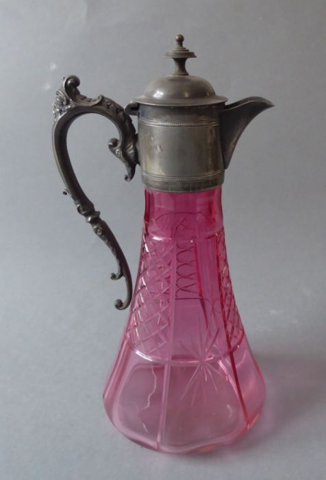 A Victorian cut-glass cranberry claret jug with silver-plated mounts - Image 3 of 8