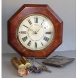 A 19th century walnut and Tunbridgeware banded octagonal wall clock for restoration; the movement
