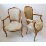 A good pair of Louis XV-style open-armed French fauteuils; one with floral tapestry upholstery,