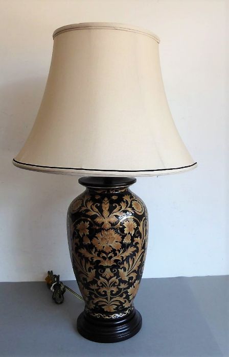 A fine and large Frederick Cooper (Chicago) table lamp in the 'noir tapestries' design; black ground