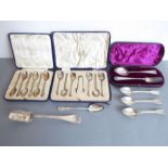 A cased set of six Mappin & Webb hallmarked silver coffee spoons, together with silver sugar