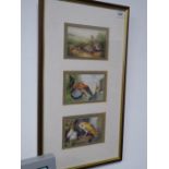 A parcel gilt-framed and glazed triptych; three colour prints depicting a grouse, raptors and baby