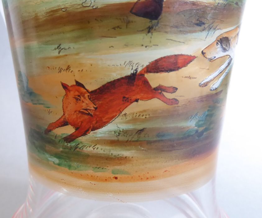 A handmade mid-20th century conical glass jug, hand-decorated with a fox hunting scene (26cm high) - Image 7 of 7