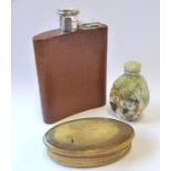 A lady's leather-bound hip flask, a carved jade snuff bottle and stopper, and a 19th century oval