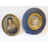 An oval-framed portrait miniature of a young lady in Spanish style and a framed portrait of a