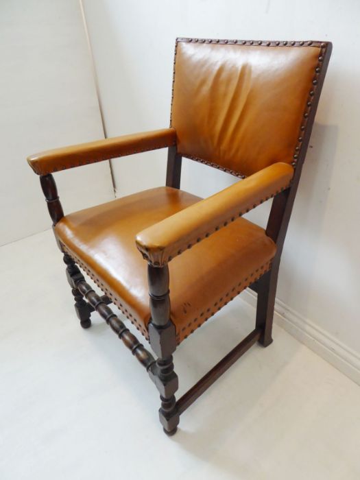 A good harlequin matched set of eight tan-leather-upholstered solid oak open armchairs;  late 19th / - Image 2 of 6