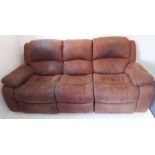 A modern three-seater brown-leather sofa; the end seats with reclining mechanism (220cm wide x 103cm
