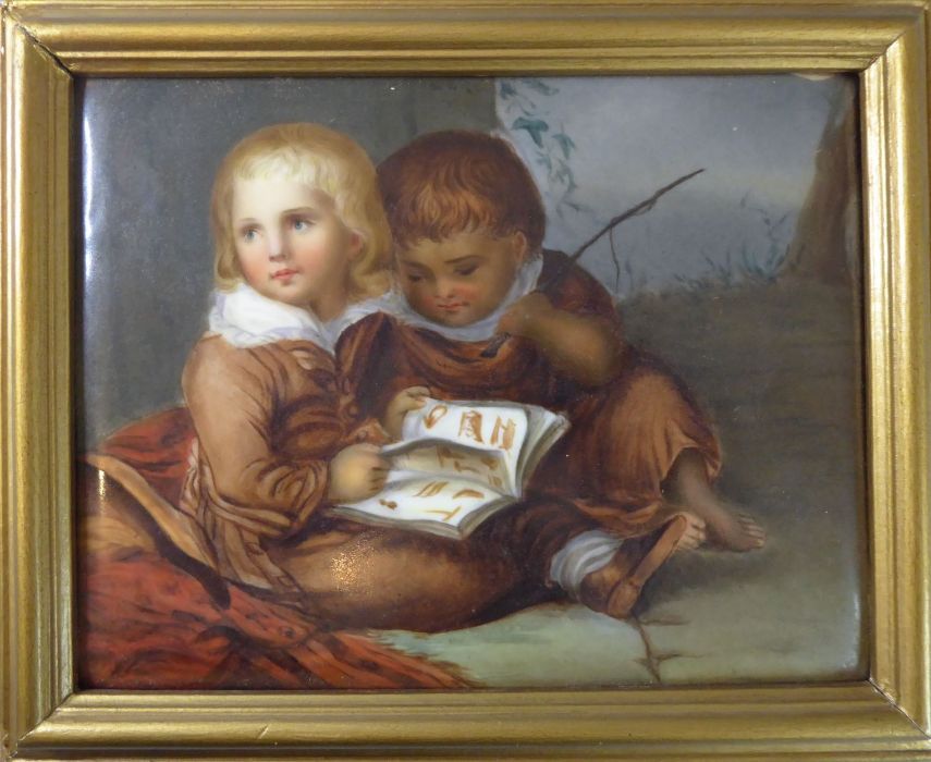 A continental porcelain plaque in KPM style. Two boys seated with their backs to a river. One with a