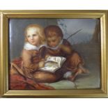 A continental porcelain plaque in KPM style. Two boys seated with their backs to a river. One with a