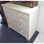 A late 19th / early 20th century pine chest; cream-painted in shabby-chic style; moulded top above