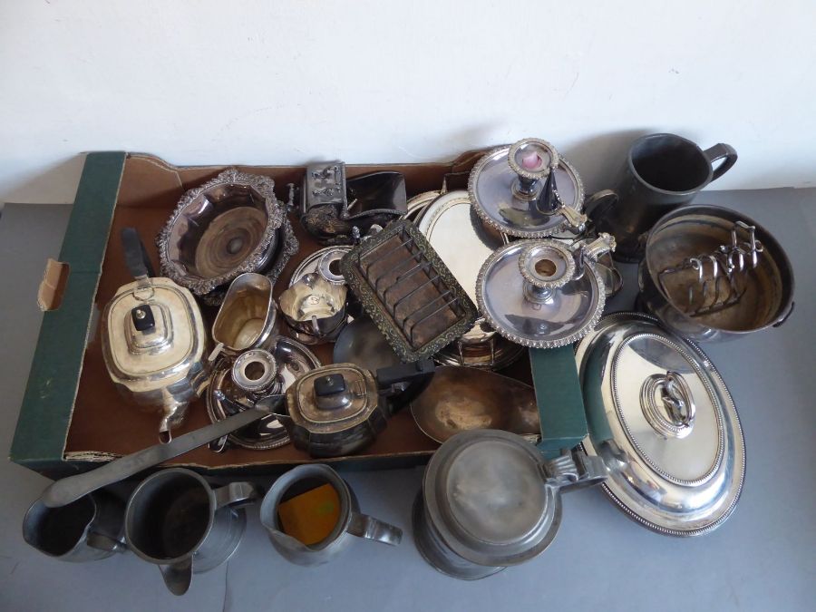 Two boxes of assorted, mostly 19th century, silver plate and pewter tankards. To include two pairs