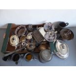 Two boxes of assorted, mostly 19th century, silver plate and pewter tankards. To include two pairs