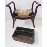 An early 19th century stool and an early 20th century two-division oak cutlery box. The faux