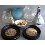 A selection of ceramics and glassware: a Royal Doulton figure, 'Pantalettes'; Beatrix Potter's '