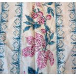 A pair of linen-effect curtains in a teal and pink striped pattern of flowers, fruit and berries,