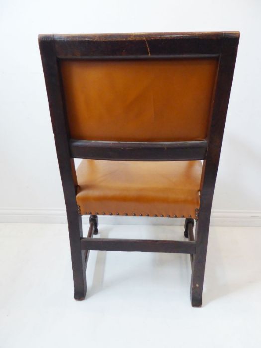 A good harlequin matched set of eight tan-leather-upholstered solid oak open armchairs;  late 19th / - Image 5 of 6