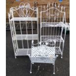 White-painted folding ironwork etc. together with a set of wirework shelves (3)