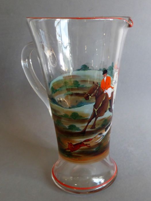 A handmade mid-20th century conical glass jug, hand-decorated with a fox hunting scene (26cm high) - Image 4 of 7