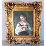 A 19th century style (later reproduction) ceramic plaque depicting a young girl with her cat,