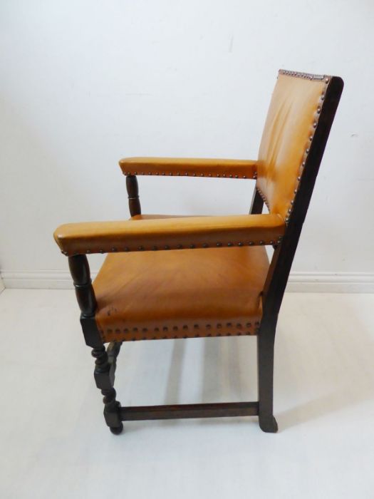 A good harlequin matched set of eight tan-leather-upholstered solid oak open armchairs;  late 19th / - Image 4 of 6