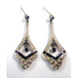 A pair of sapphire and diamond-set ear pendants, of openwork design, with two stone articulated