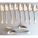 Ten hallmarked silver tablespoons (mostly 18th century Old English pattern), nine with engraved