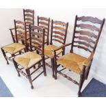 A set of six (4+2) early 19th century-style (later) ash vernacular-style ladderback chairs; each