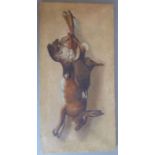 A good 19th century oil on canvas study of hanging game; a brace of French partridge and a hare,