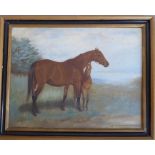 An oil on canvas study of a mare and foal within countryside surroundings; monogrammed A.M.W. and