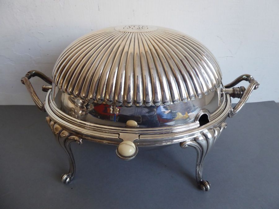 A fine and large 19th century two-handled silver plated tureen engraved with armorial crest, - Image 2 of 11