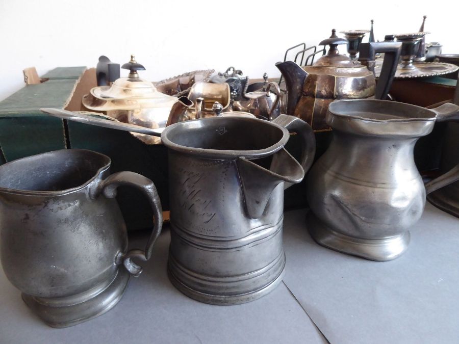 Two boxes of assorted, mostly 19th century, silver plate and pewter tankards. To include two pairs - Image 2 of 10
