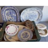 A selection of mostly late 19th century blue and white meat platters (one in the Asiatic pheasant